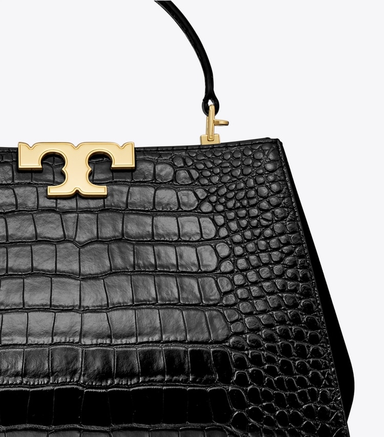 TORY BURCH ELEANOR CROC-EMBOSSED SATCHEL - Black