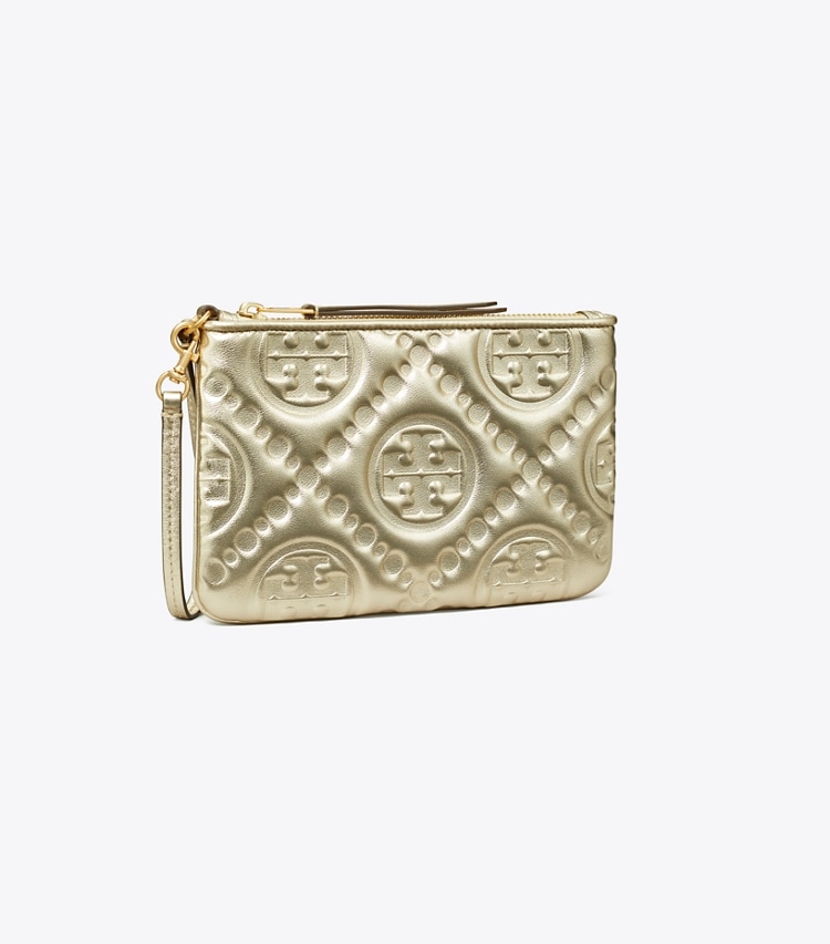 TORY BURCH T MONOGRAM EMBOSSED METALLIC POUCH - White Gold - Click Image to Close