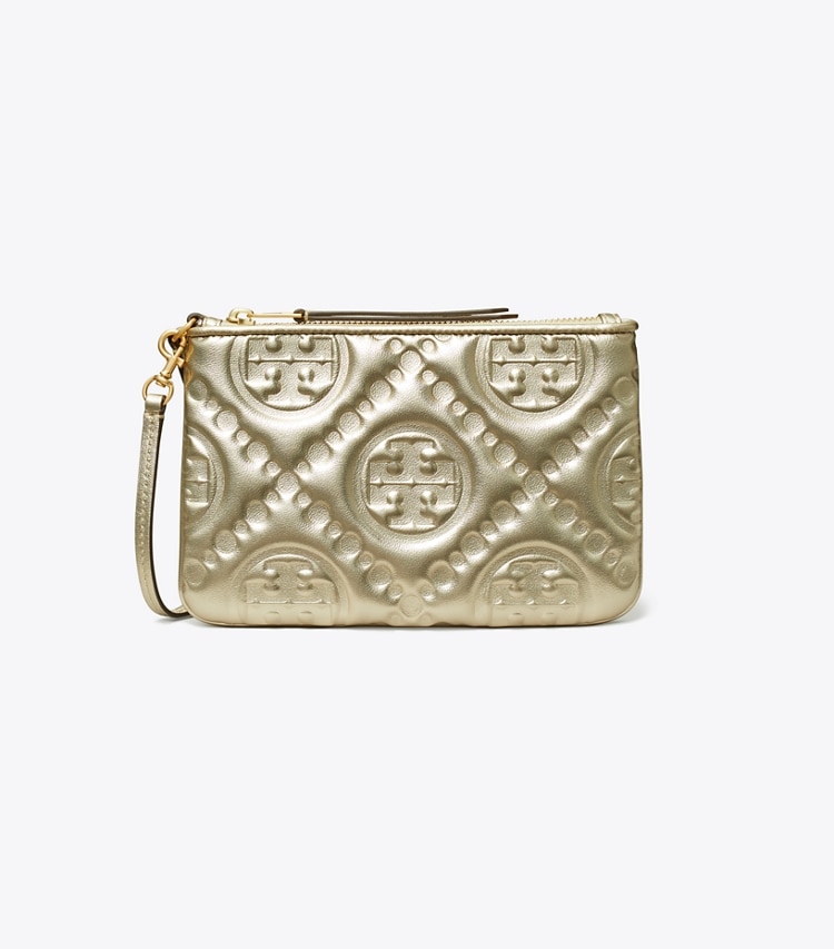 TORY BURCH T MONOGRAM EMBOSSED METALLIC POUCH - White Gold