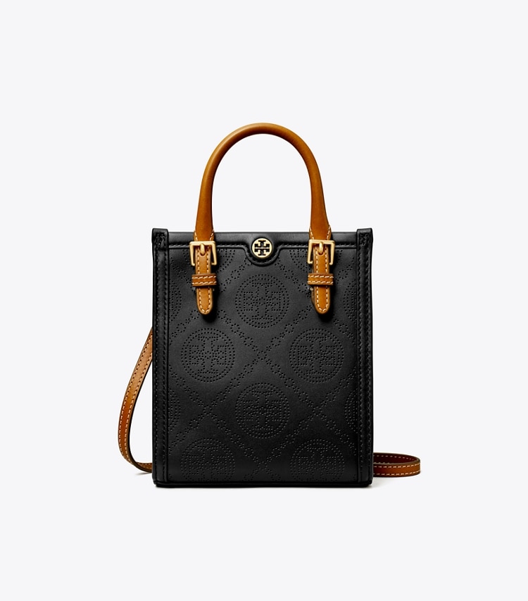 TORY BURCH MINI T MONOGRAM PERFORATED TOTE - Black