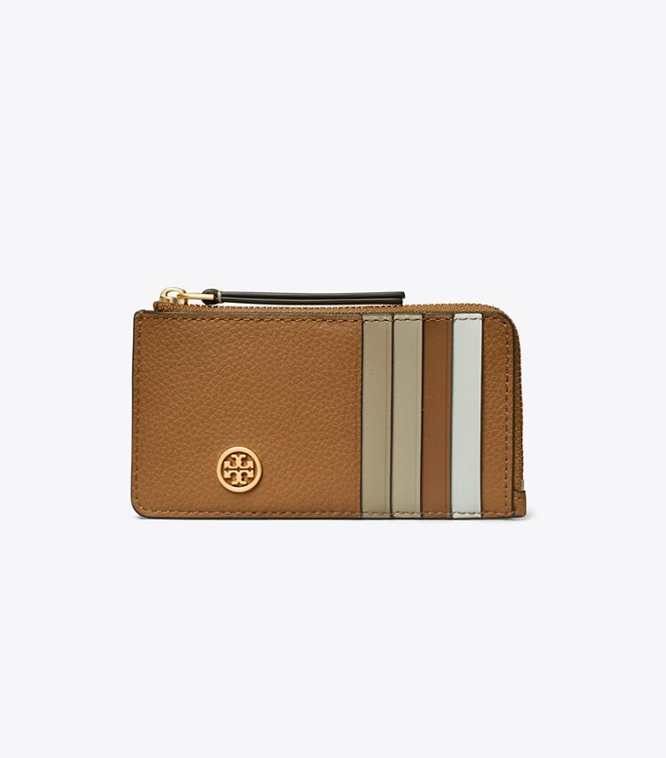 TORY BURCH ROBINSON PEBBLED TOP-ZIP CARD CASE - Tiger's Eye