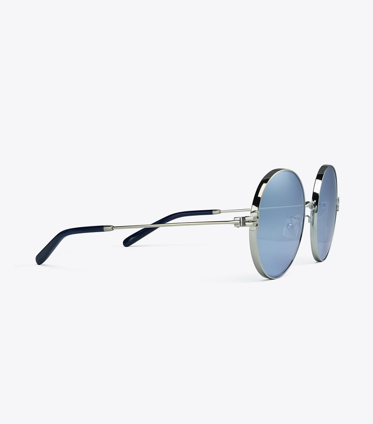 TORY BURCH ELEANOR METAL ROUND SUNGLASSES - Shiny Silver/Dark Blue Mirror