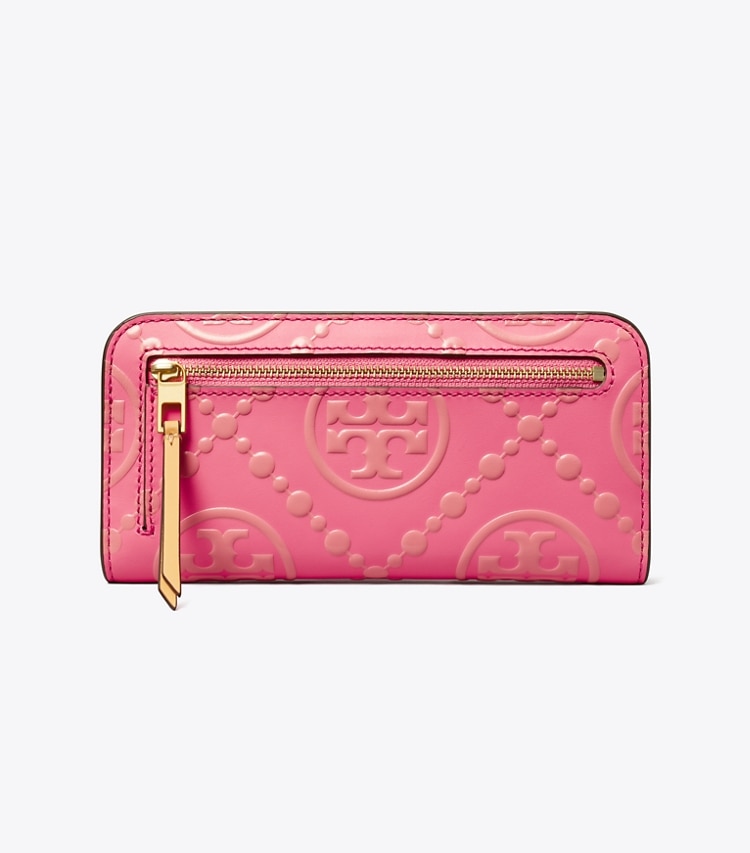 TORY BURCH T MONOGRAM CONTRAST EMBOSSED ZIP SLIM WALLET - Pink Fluorite