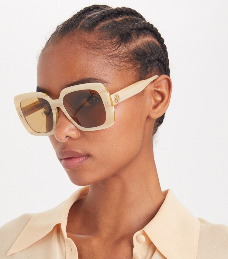 TORY BURCH MILLER OVERSIZED SQUARE SUNGLASSES - Ivory Horn/Ochre