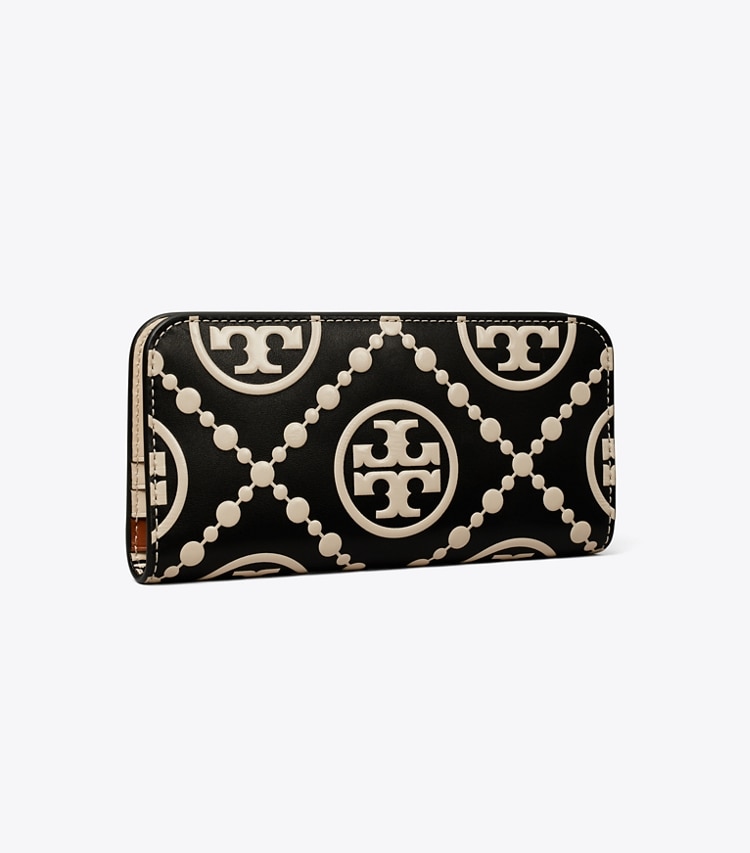 TORY BURCH T MONOGRAM CONTRAST EMBOSSED ZIP SLIM WALLET - Black / New Cream - Click Image to Close