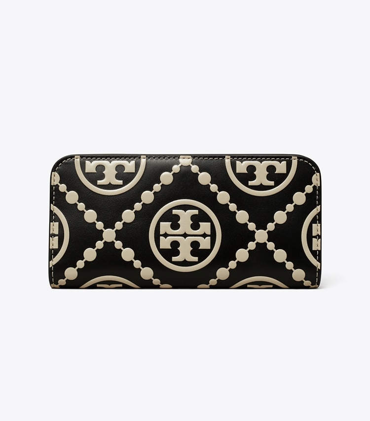 TORY BURCH T MONOGRAM CONTRAST EMBOSSED ZIP SLIM WALLET - Black / New Cream