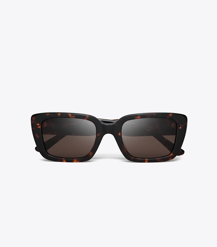 TORY BURCH MILLER RECTANGULAR SUNGLASSES - Dark Tortoise/ Solid Brown