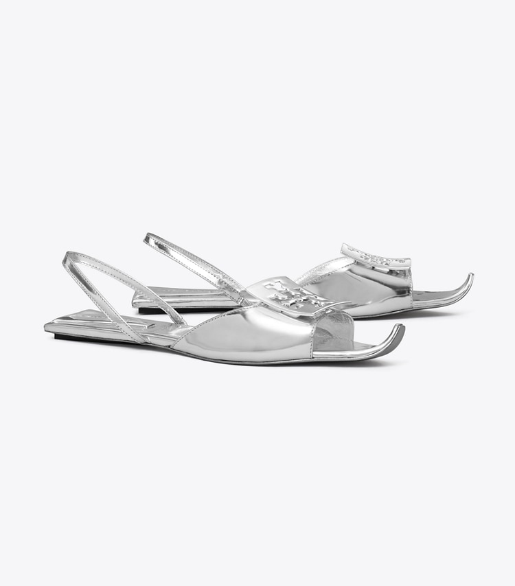 TORY BURCH LOGO FLAT SLINGBACK SANDAL - Silver / Silver - Click Image to Close