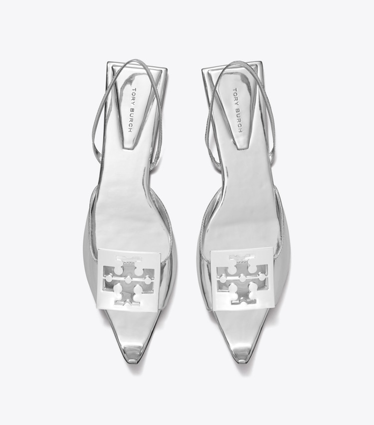 TORY BURCH LOGO FLAT SLINGBACK SANDAL - Silver / Silver