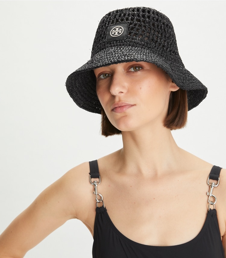 TORY BURCH RAFFIA BUCKET HAT - Black / Black