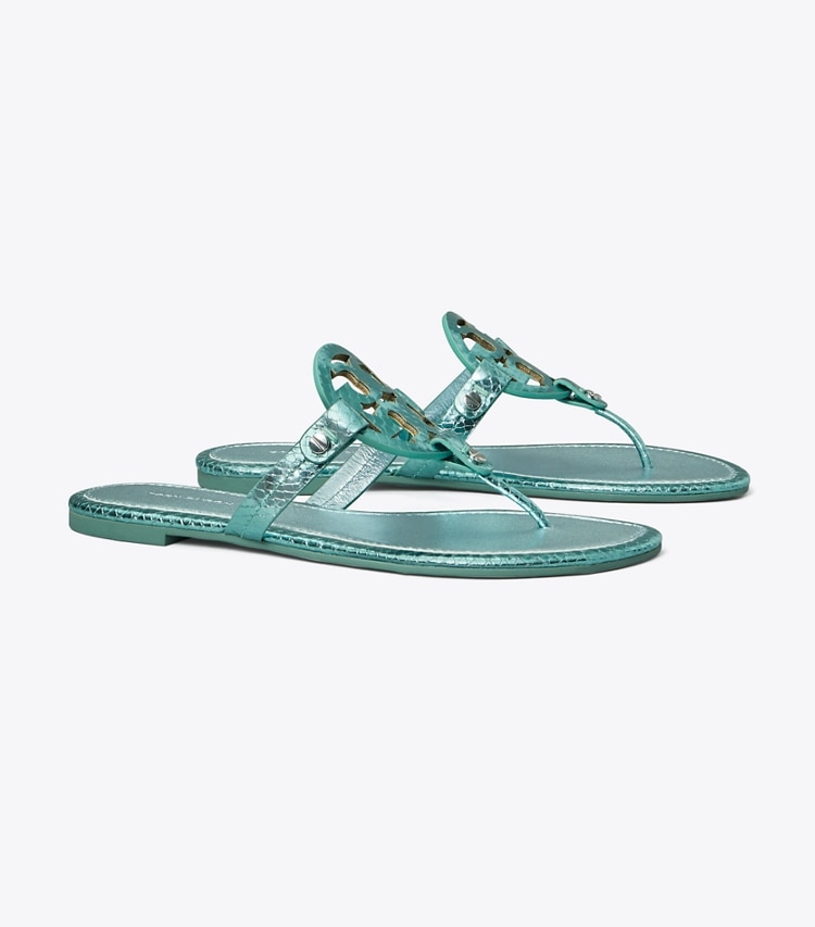 TORY BURCH MILLER METALLIC SNAKE EMBOSSED SANDAL - Laguna Green - Click Image to Close