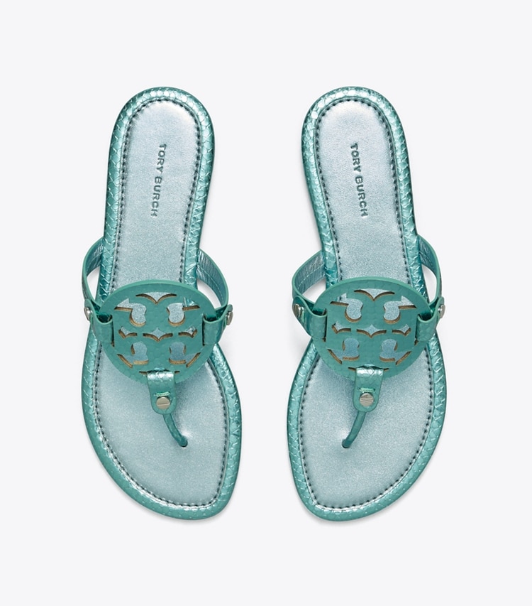 TORY BURCH MILLER METALLIC SNAKE EMBOSSED SANDAL - Laguna Green