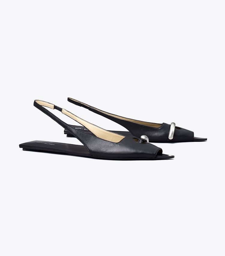 TORY BURCH PIERCED SLINGBACK - Perfect Black / Perfect Black / Silver - Click Image to Close