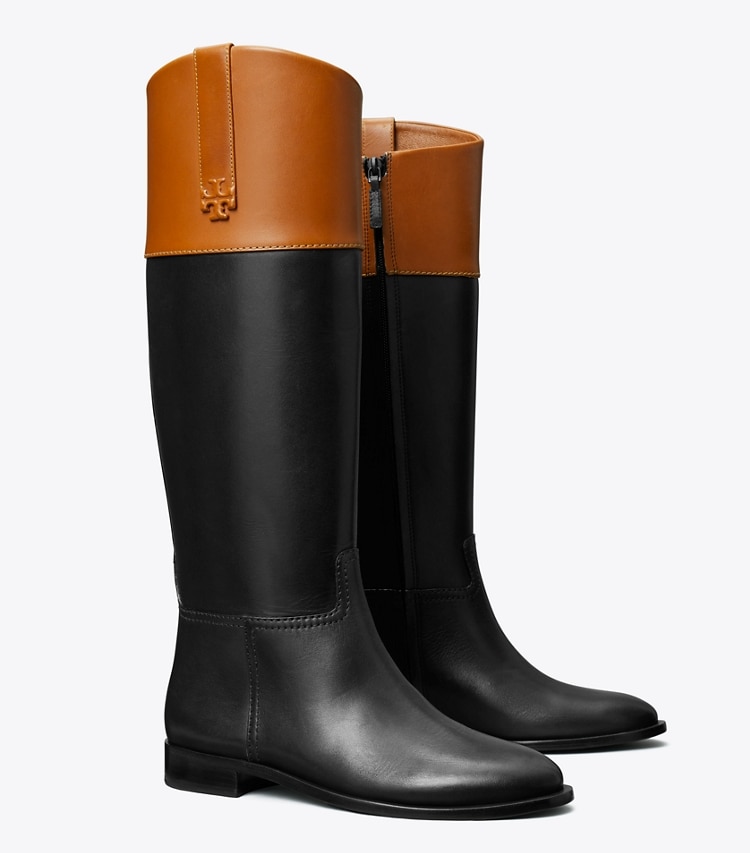 TORY BURCH DOUBLE T RIDING BOOT, WIDE CALF - Perfect Black / Bourbon