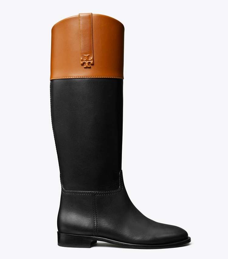 TORY BURCH DOUBLE T RIDING BOOT, WIDE CALF - Perfect Black / Bourbon