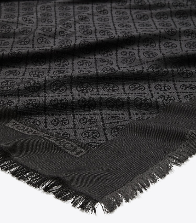 TORY BURCH T MONOGRAM JACQUARD TRAVELER SCARF - Black