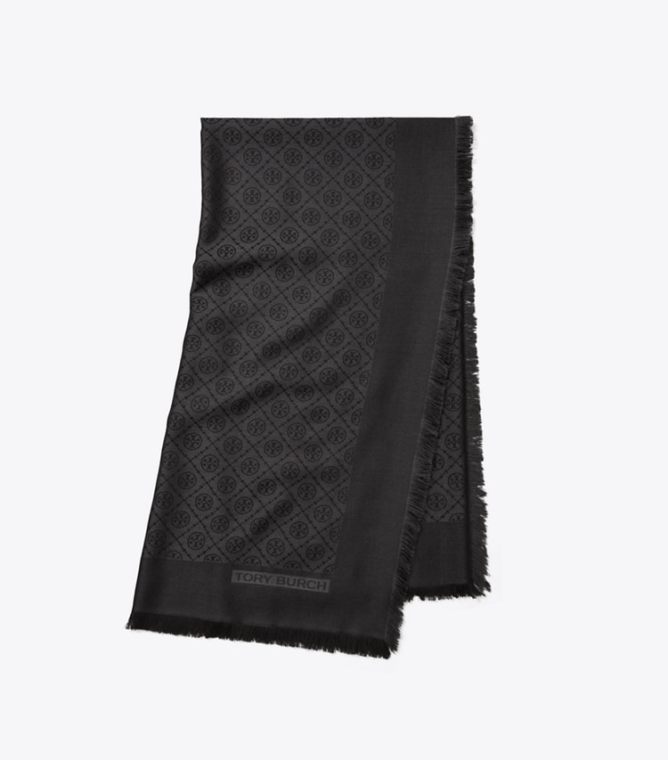 TORY BURCH T MONOGRAM JACQUARD TRAVELER SCARF - Black