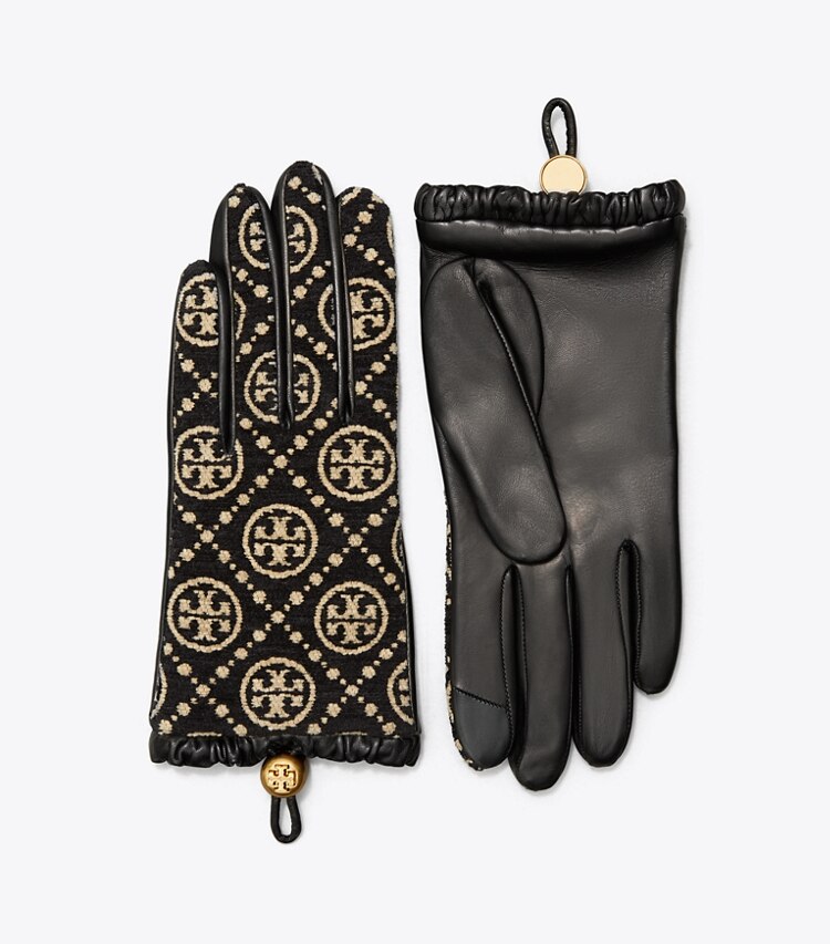 TORY BURCH T MONOGRAM CHENILLE GLOVES - Black / New Cream - Click Image to Close