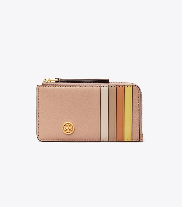 TORY BURCH ROBINSON PEBBLED TOP-ZIP CARD CASE - Goan Sand