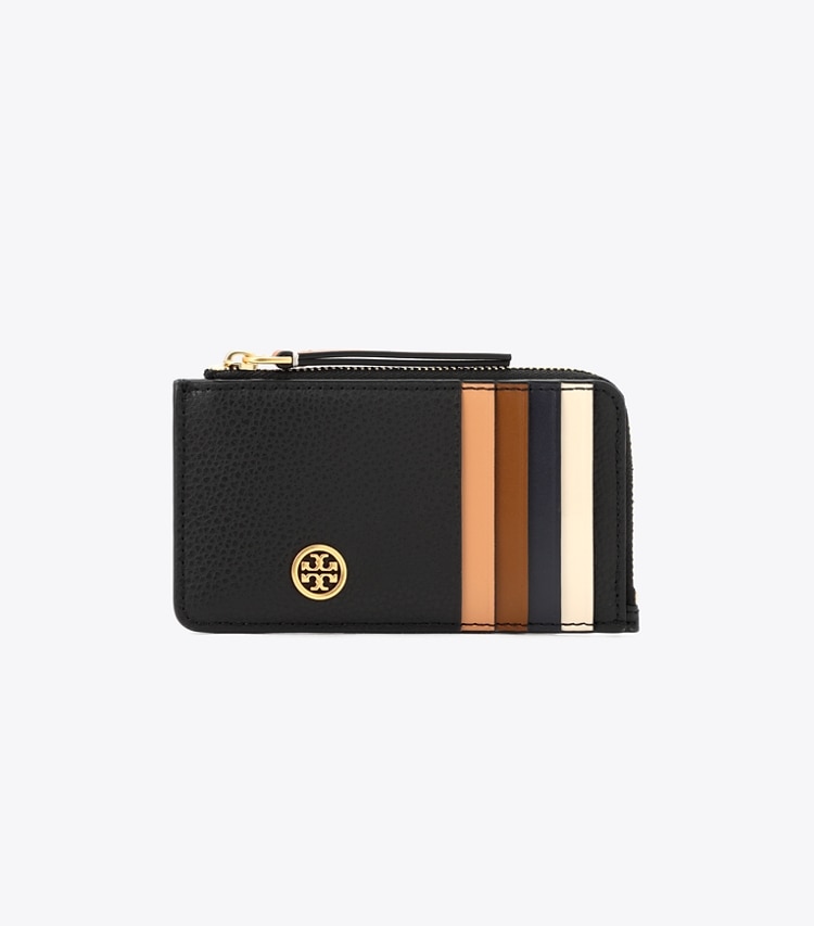 TORY BURCH ROBINSON PEBBLED TOP-ZIP CARD CASE - Black