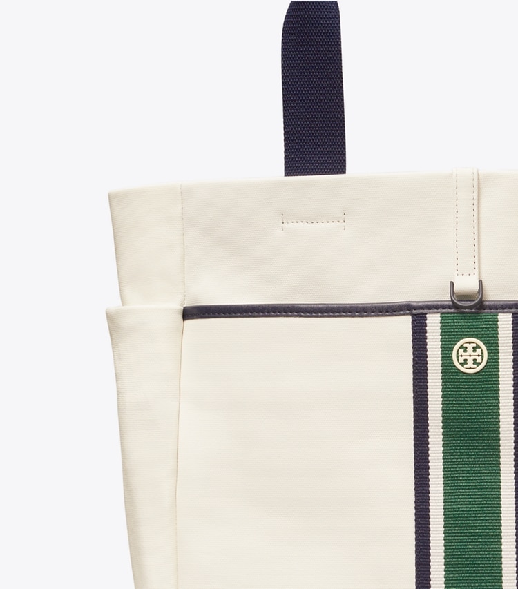 TORY BURCH CONVERTIBLE STRIPE TENNIS TOTE - Ivory Pearl / Evergreen