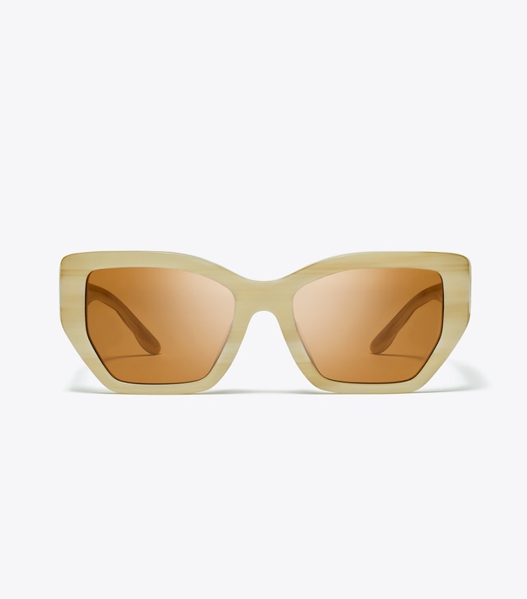 TORY BURCH KIRA OVERSIZED GEOMETRIC SUNGLASSES - Ivory Horn/Solid Brown - Click Image to Close