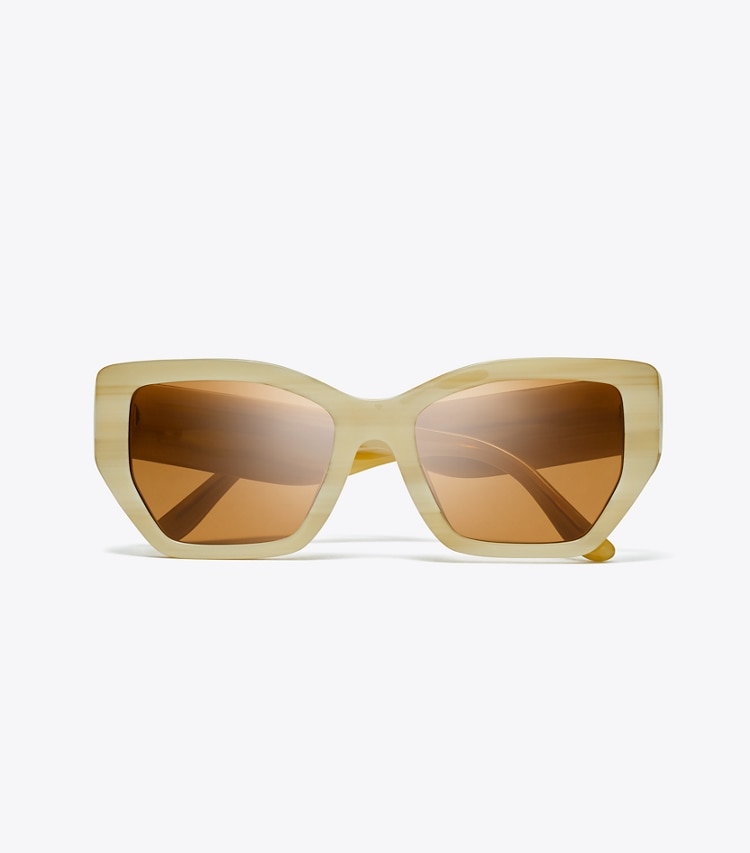 TORY BURCH KIRA OVERSIZED GEOMETRIC SUNGLASSES - Ivory Horn/Solid Brown